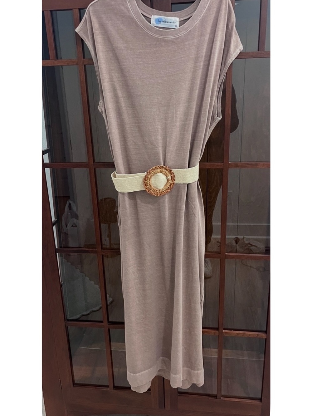 Sleeveless Taupe Midi T-shirt Knit Dress with rattan Belt! Size Large